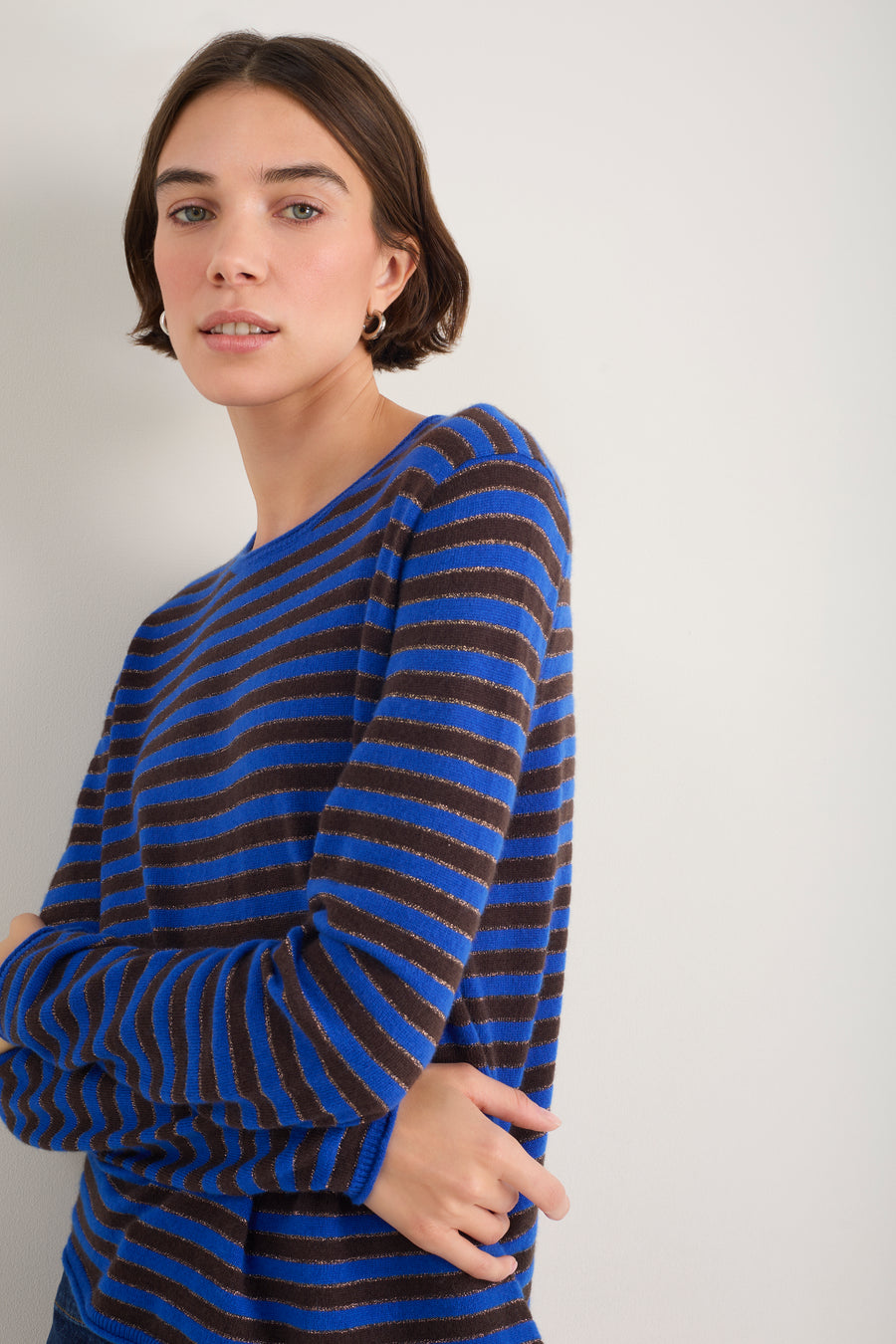 Chrissie Cashmere Jumper - Cobalt/Chocolate/Metallic Stripe