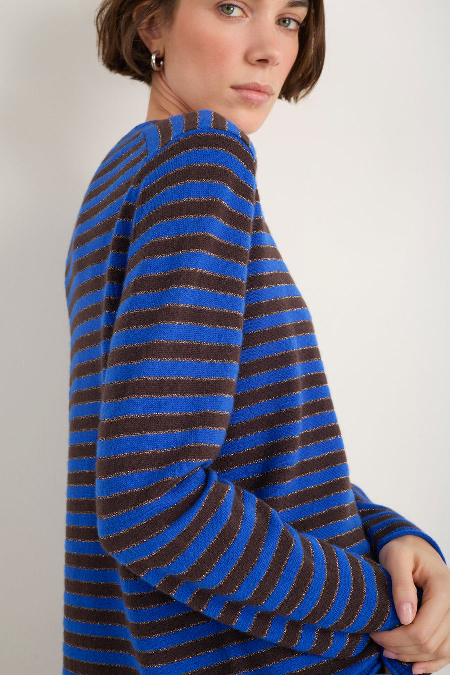 Chrissie Cashmere Jumper - Cobalt/Chocolate/Metallic Stripe