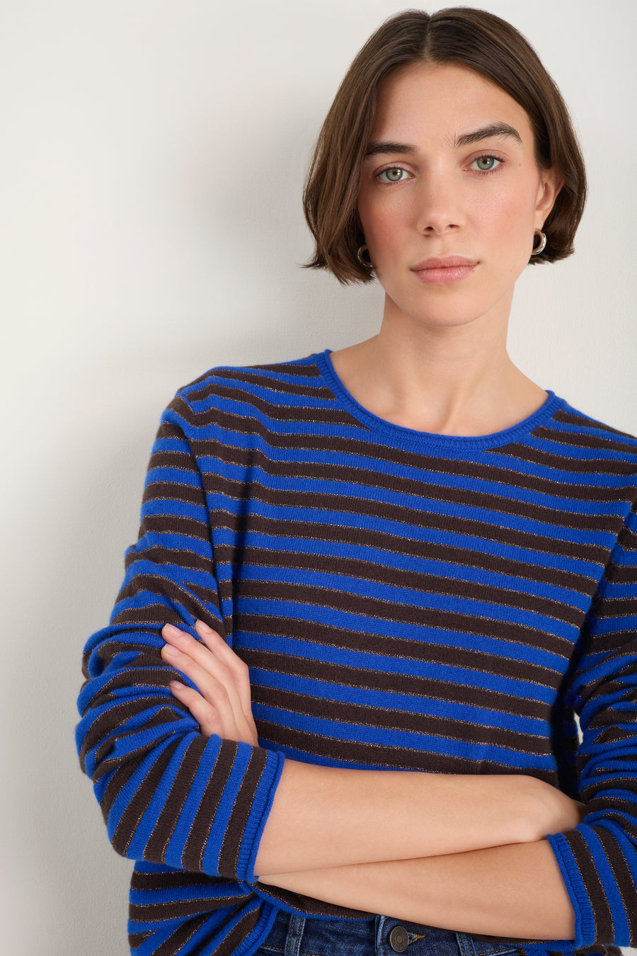 Chrissie Cashmere Jumper - Cobalt/Chocolate/Metallic Stripe