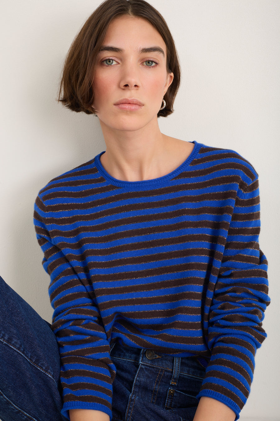 Chrissie Cashmere Jumper - Cobalt/Chocolate/Metallic Stripe