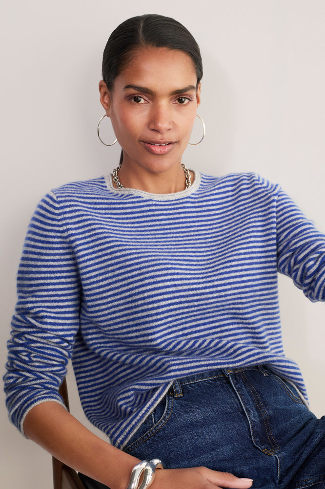 Chrissie Cashmere Jumper - Cobalt/Grey Micro Stripe