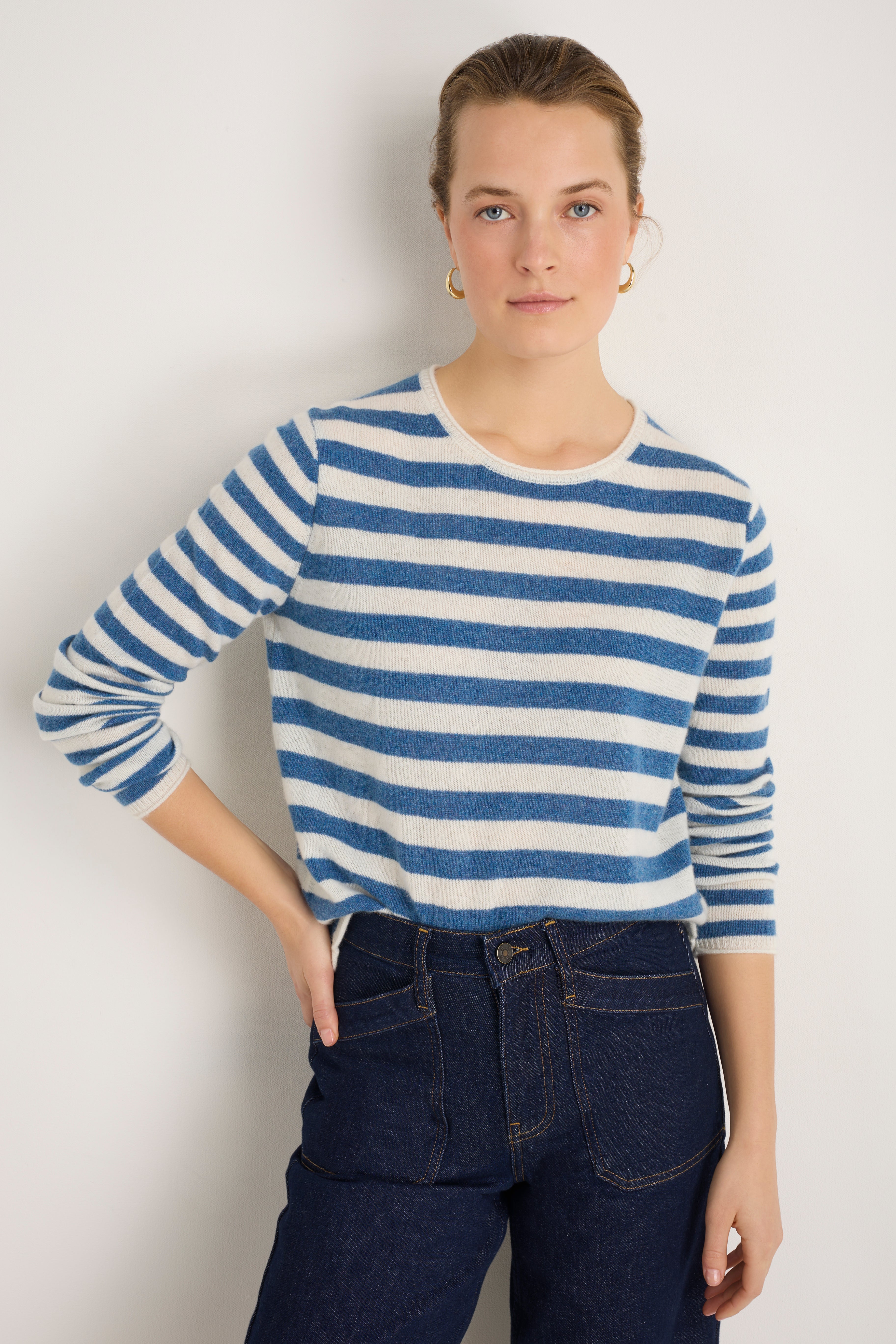 Chrissie Cashmere Jumper - Denim Blue/Ivory Stripe