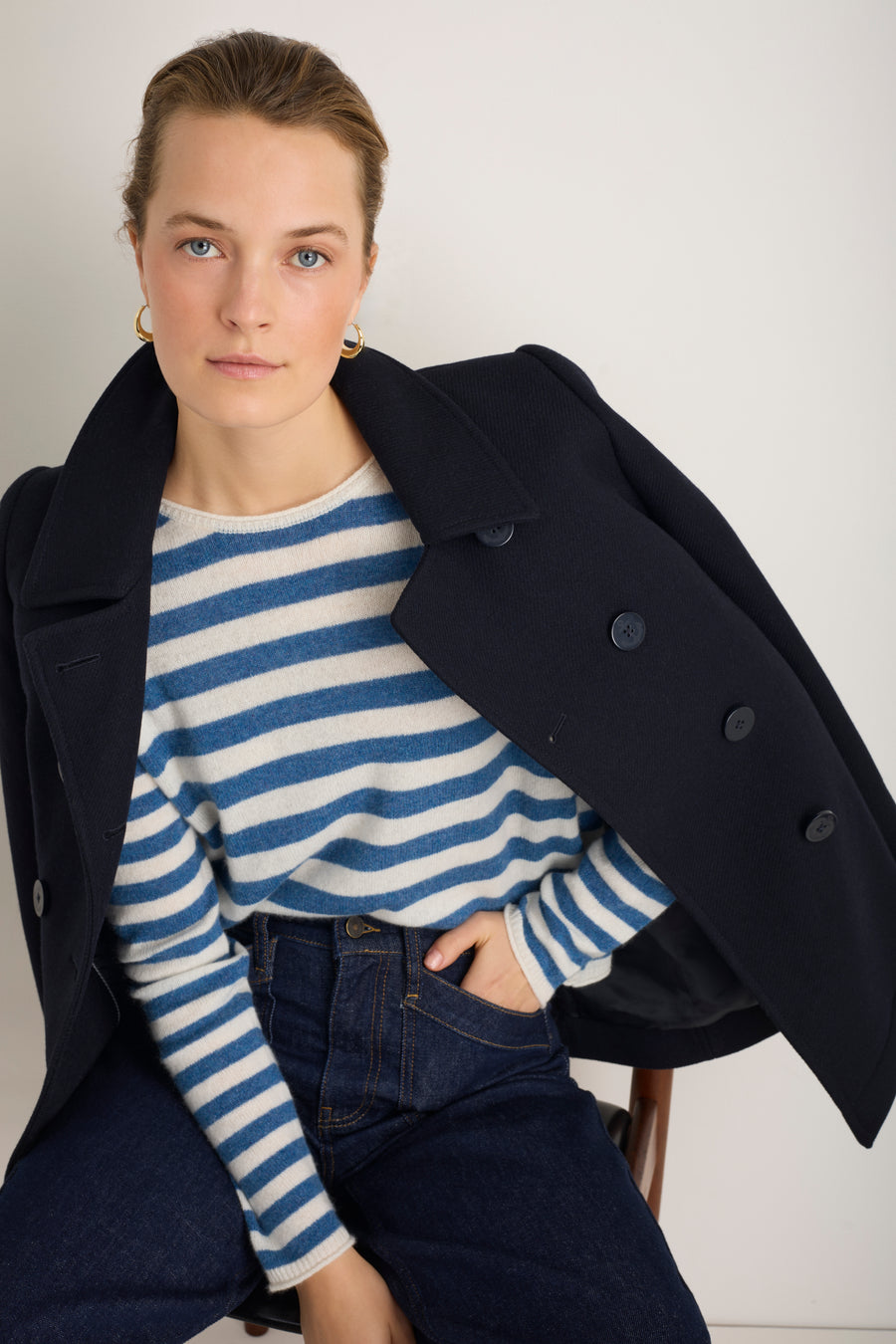 Chrissie Cashmere Jumper - Denim Blue/Ivory Stripe