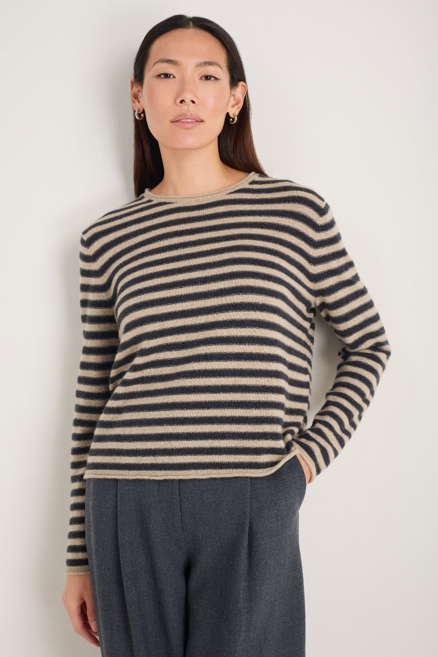 Chrissie Cashmere Jumper - Oat/Charcoal/Metallic Stripe