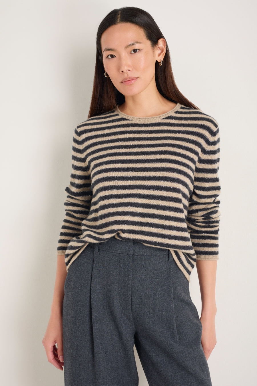 Chrissie Cashmere Jumper - Oat/Charcoal/Metallic Stripe
