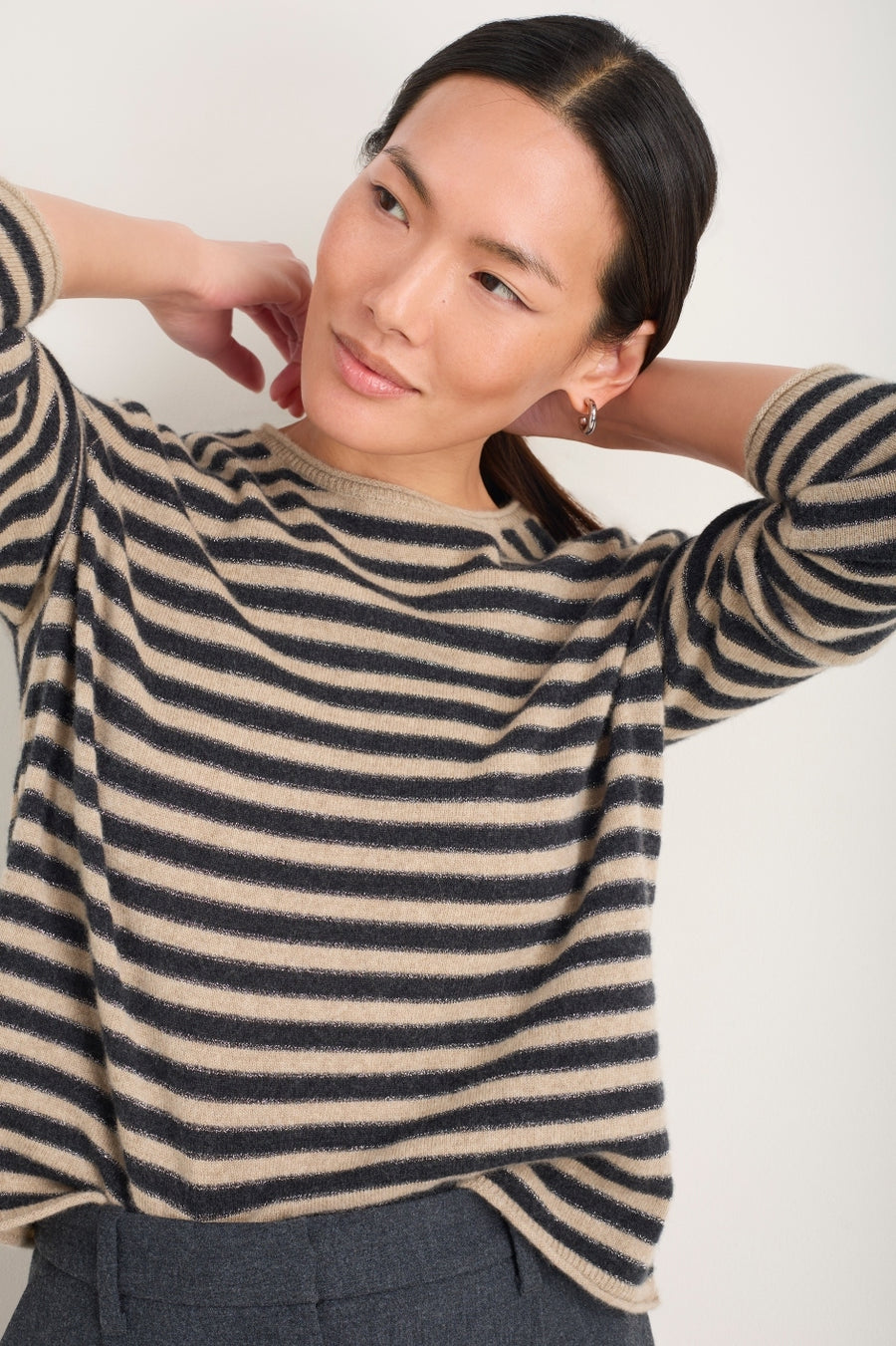Chrissie Cashmere Jumper - Oat/Charcoal/Metallic Stripe