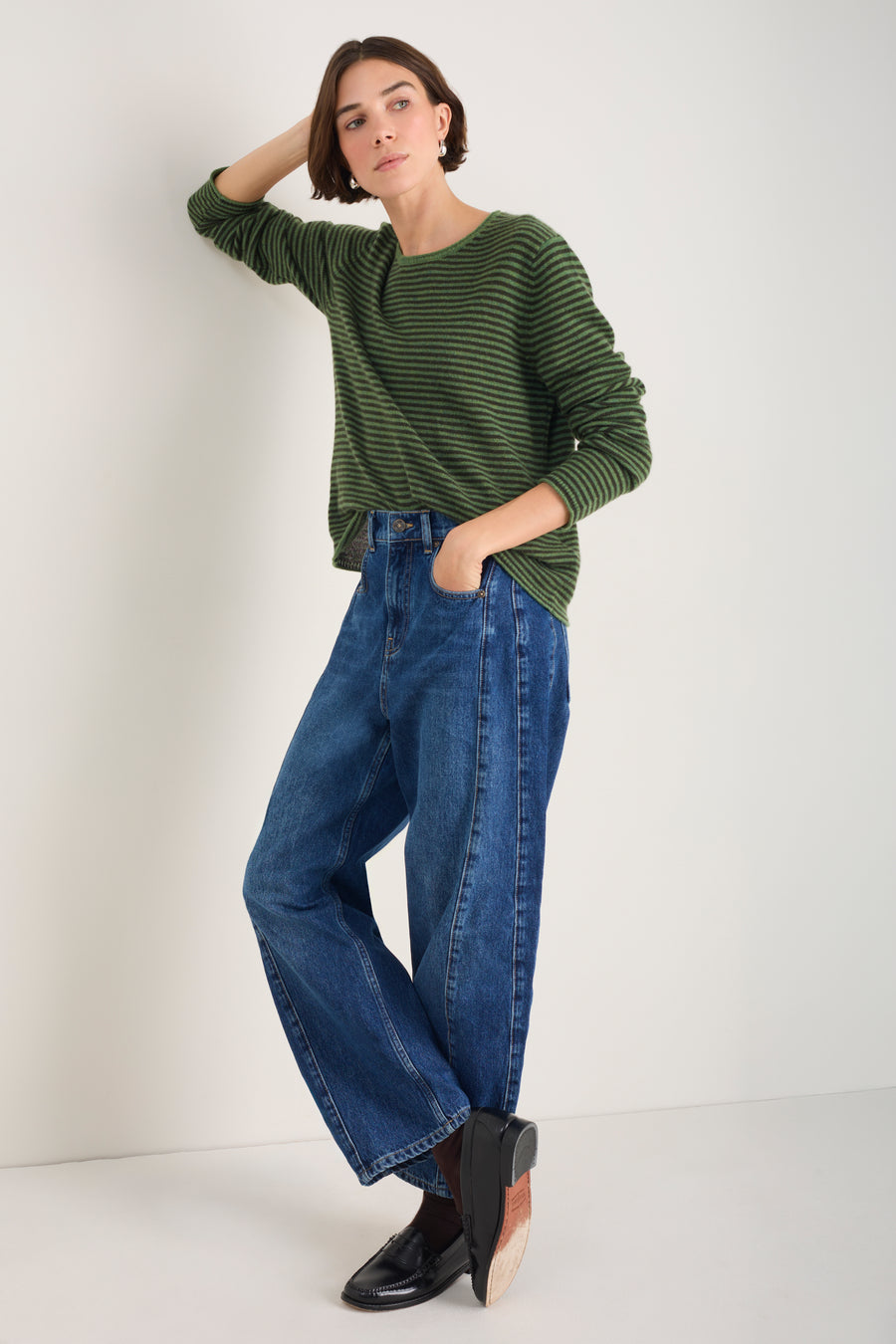 Chrissie Cashmere Jumper - Peridot/Dark Olive Micro Stripe