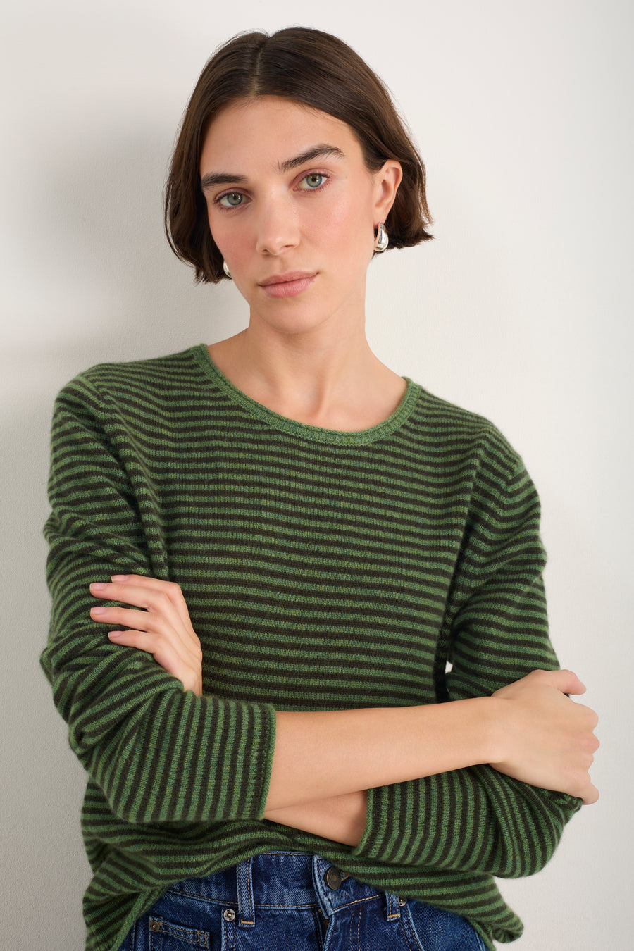 Chrissie Cashmere Jumper - Peridot/Dark Olive Micro Stripe