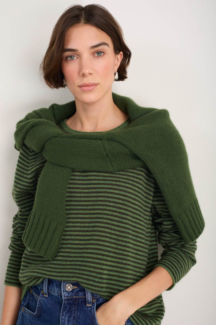Chrissie Cashmere Jumper - Peridot/Dark Olive Micro Stripe