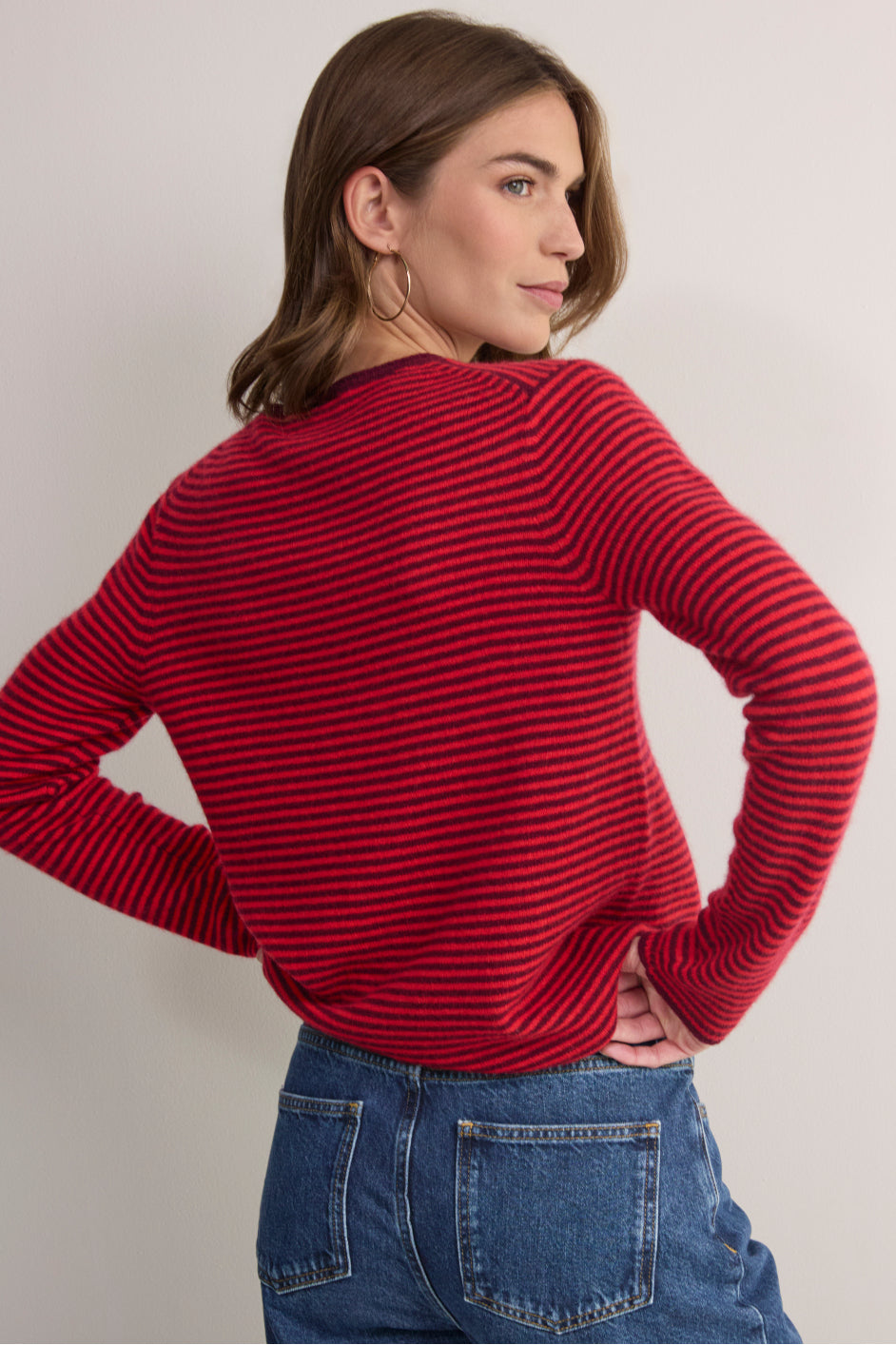 Chrissie Cashmere Jumper - Red/Aubergine Micro Stripe