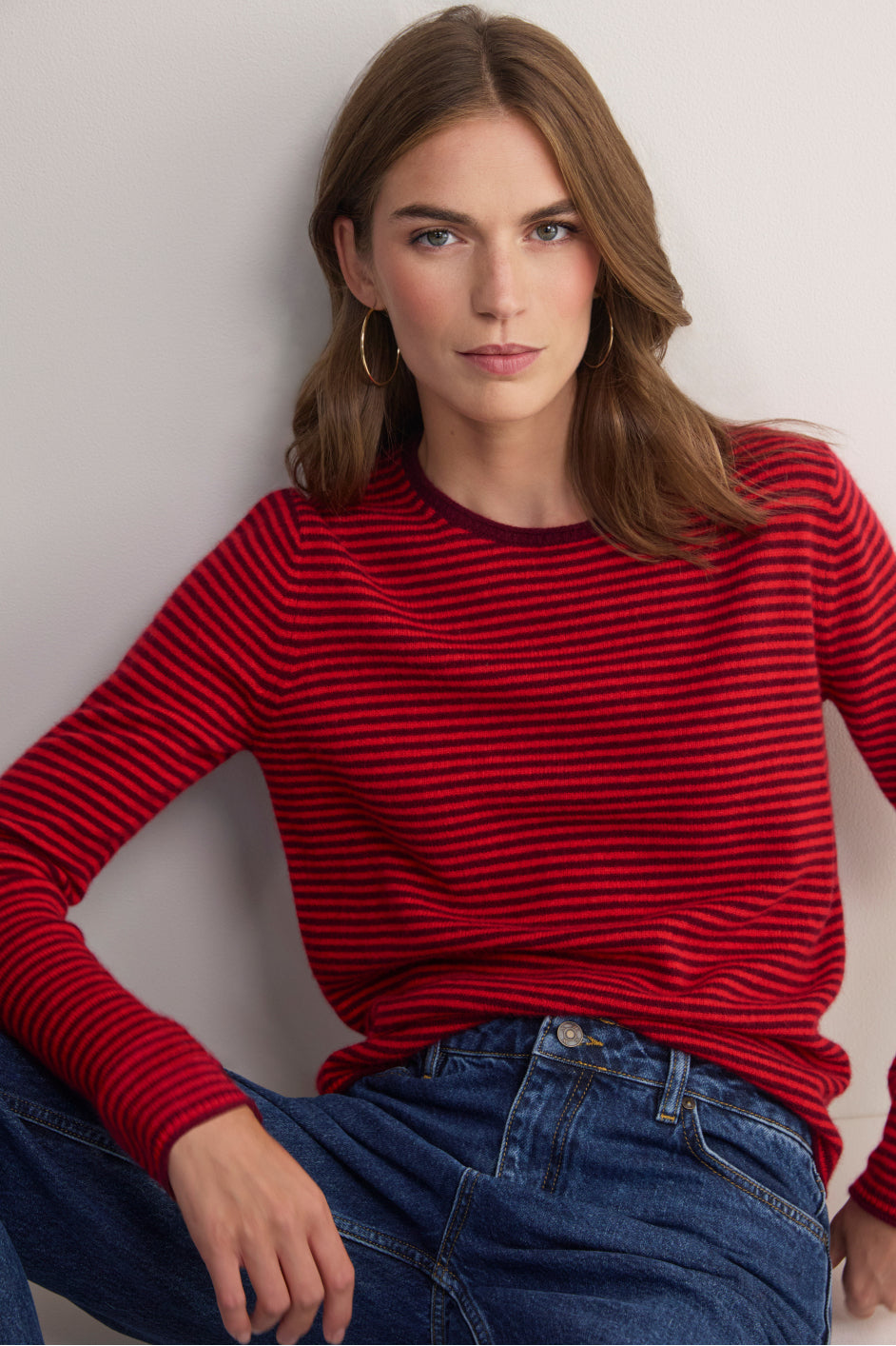 Chrissie Cashmere Jumper - Red/Aubergine Micro Stripe