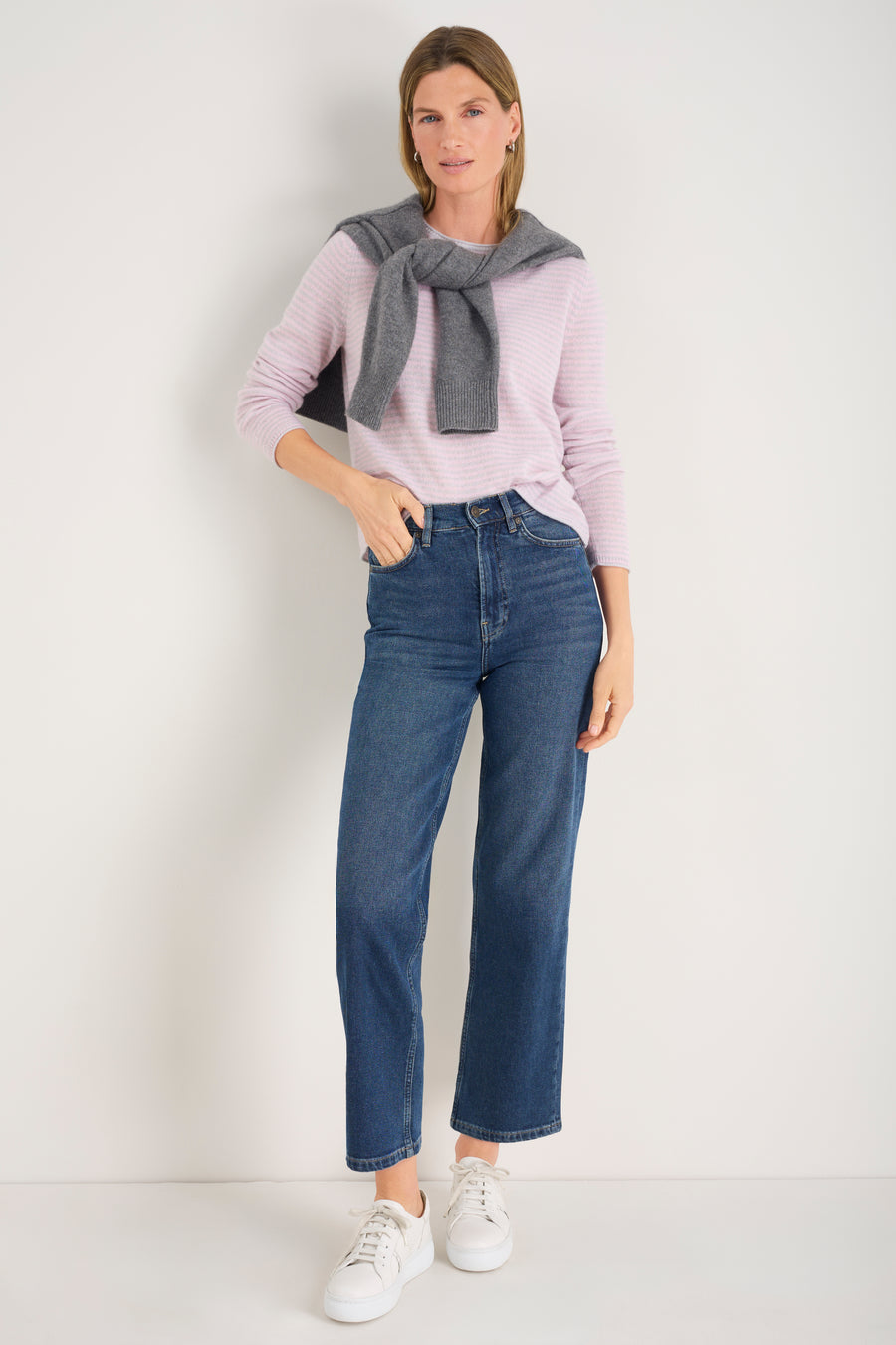 Chrissie Cashmere Jumper - Silver/Blossom Pink Micro Stripe