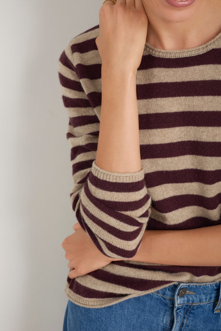 Chrissie Cashmere Jumper - Oat/Deep Fig Stripe