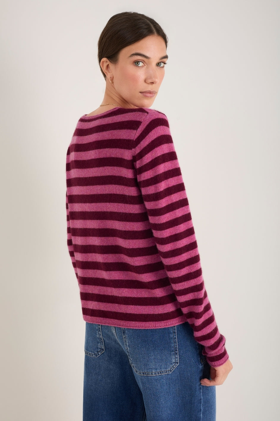 Chrissie Cashmere Jumper - Raspberry/Deep Fig Stripe – WYSE London