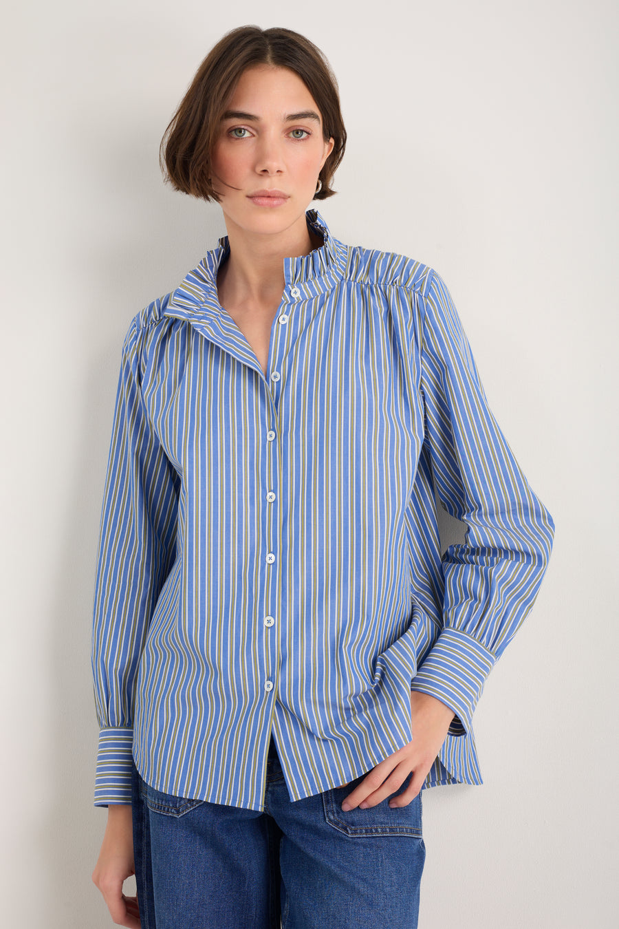 Clemmy Classic Shirt - Mid Blue/Green Stripe