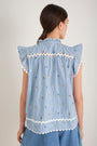 Daisy Frill Top - Blue Stripe Embroidered