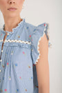 Daisy Frill Top - Blue Stripe Embroidered