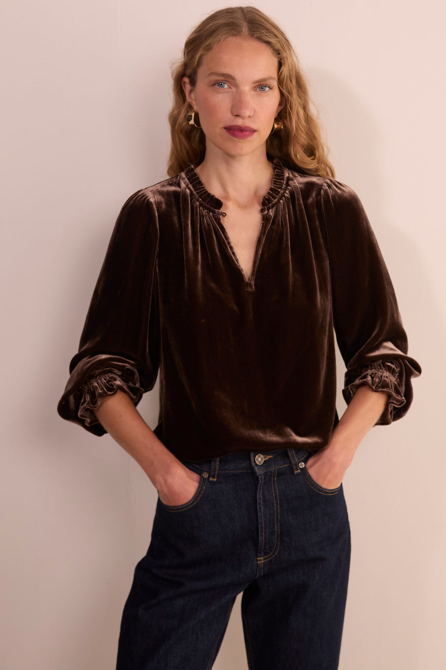 Daphne Silk Velvet Blouse - Chocolate