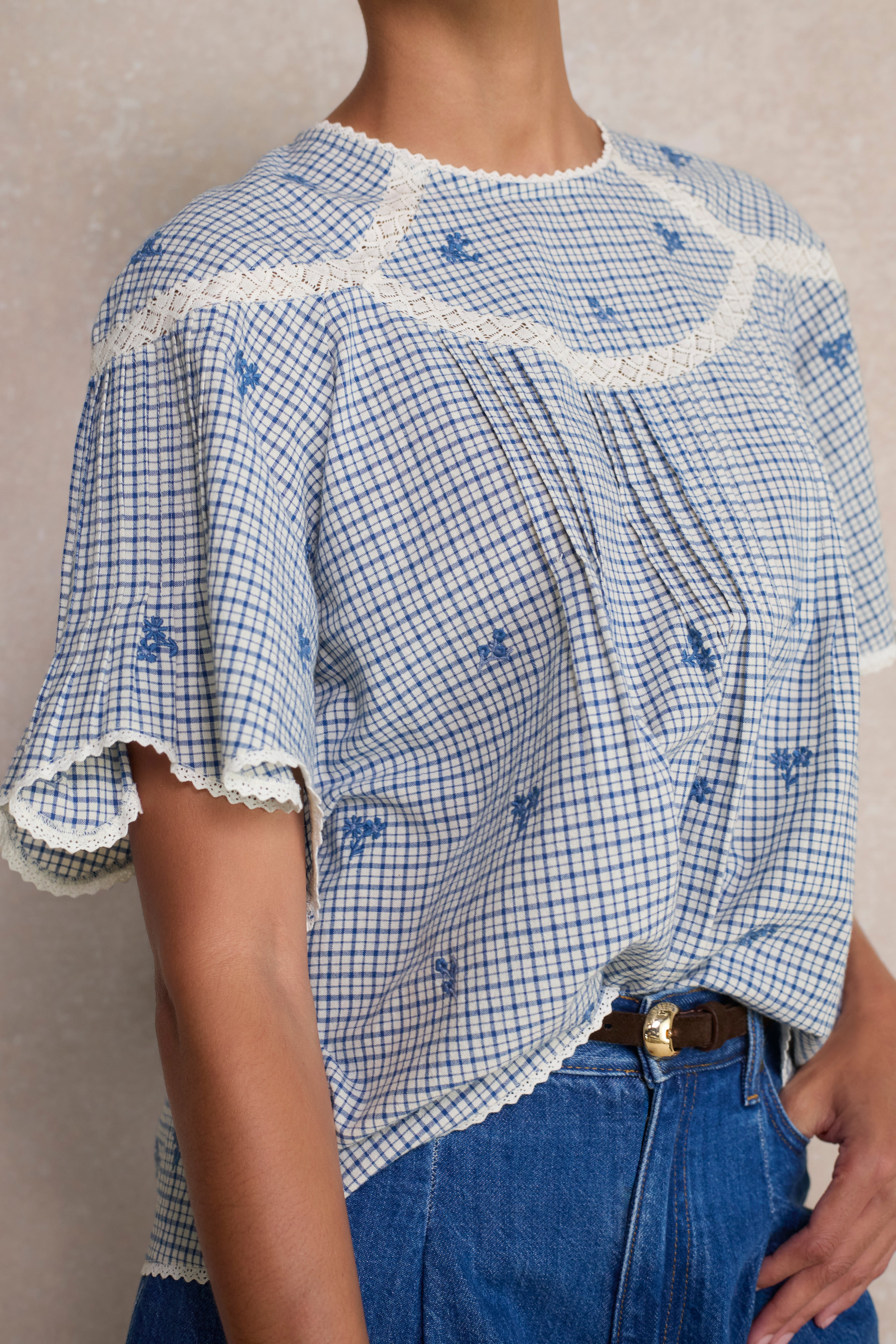 Dominique Top - White/Blue Check