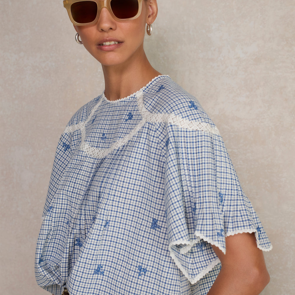 Dominique Top - White/Blue Check