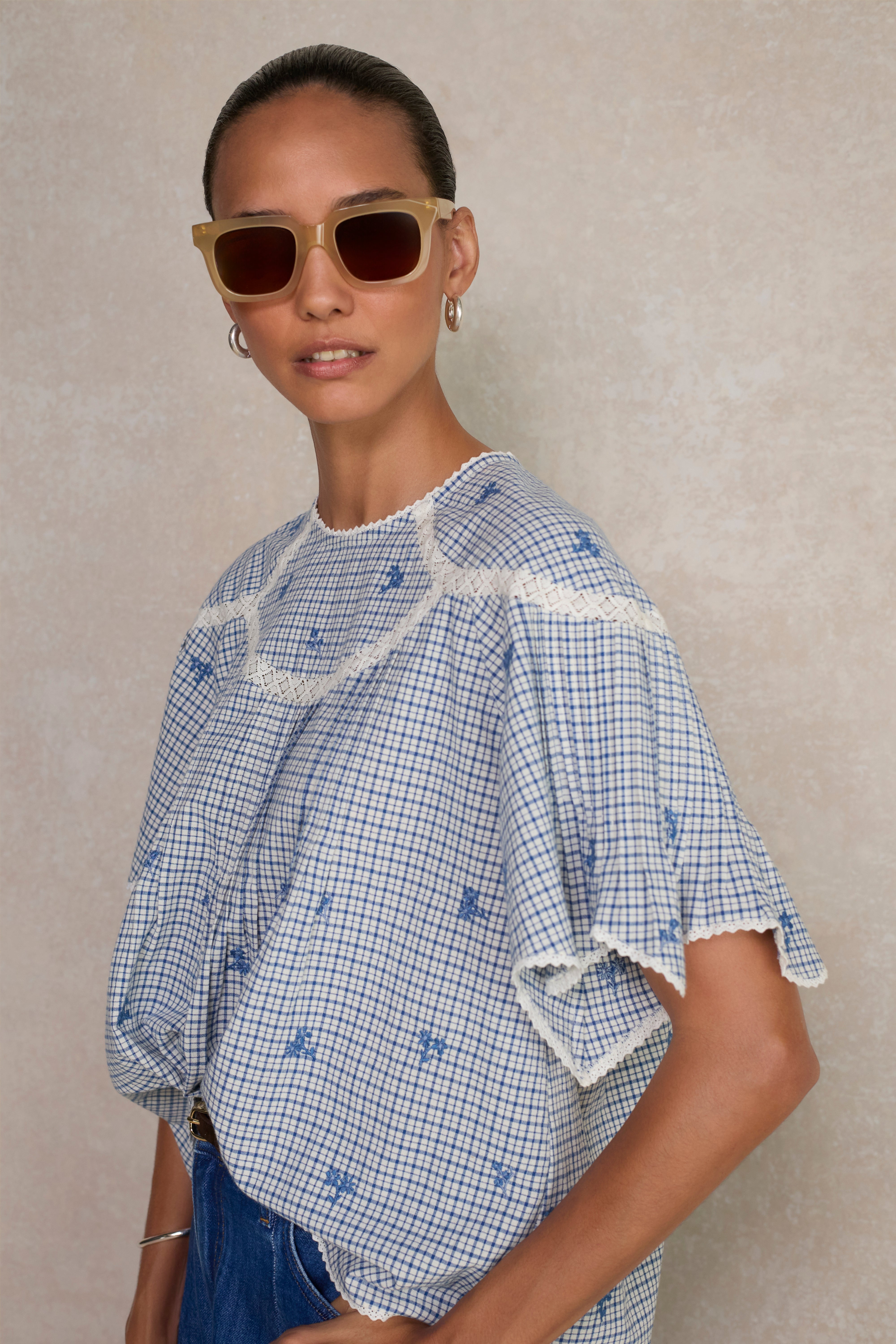 Dominique Top - White/Blue Check