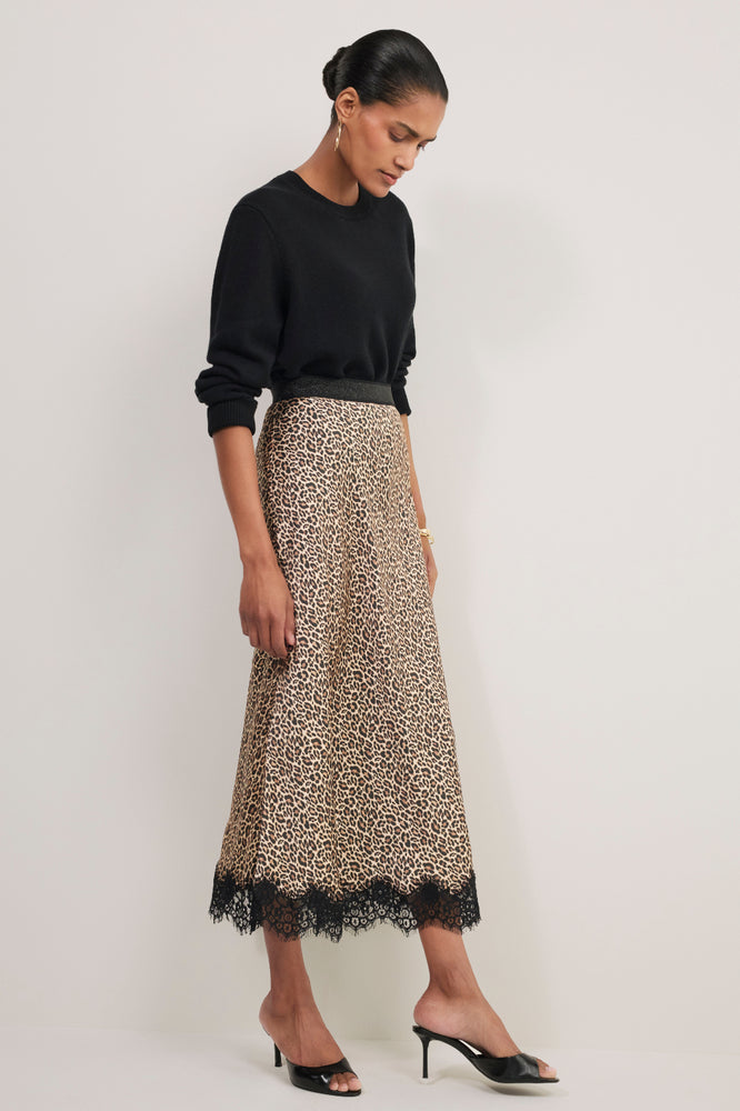 Ella Silk Lace Trim Skirt - Leopard