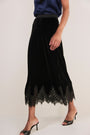 Ella Silk Velvet Lace Trim Skirt - Black