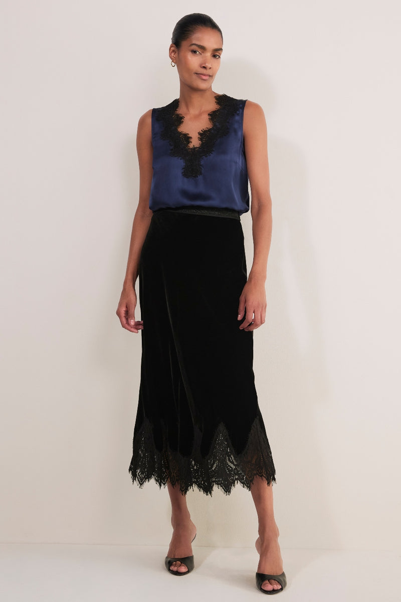 Ella Silk Velvet Lace Trim Skirt - Black