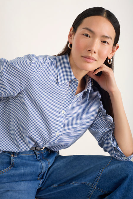 Close-up of the gingham check pattern and collar on the Elma shirt