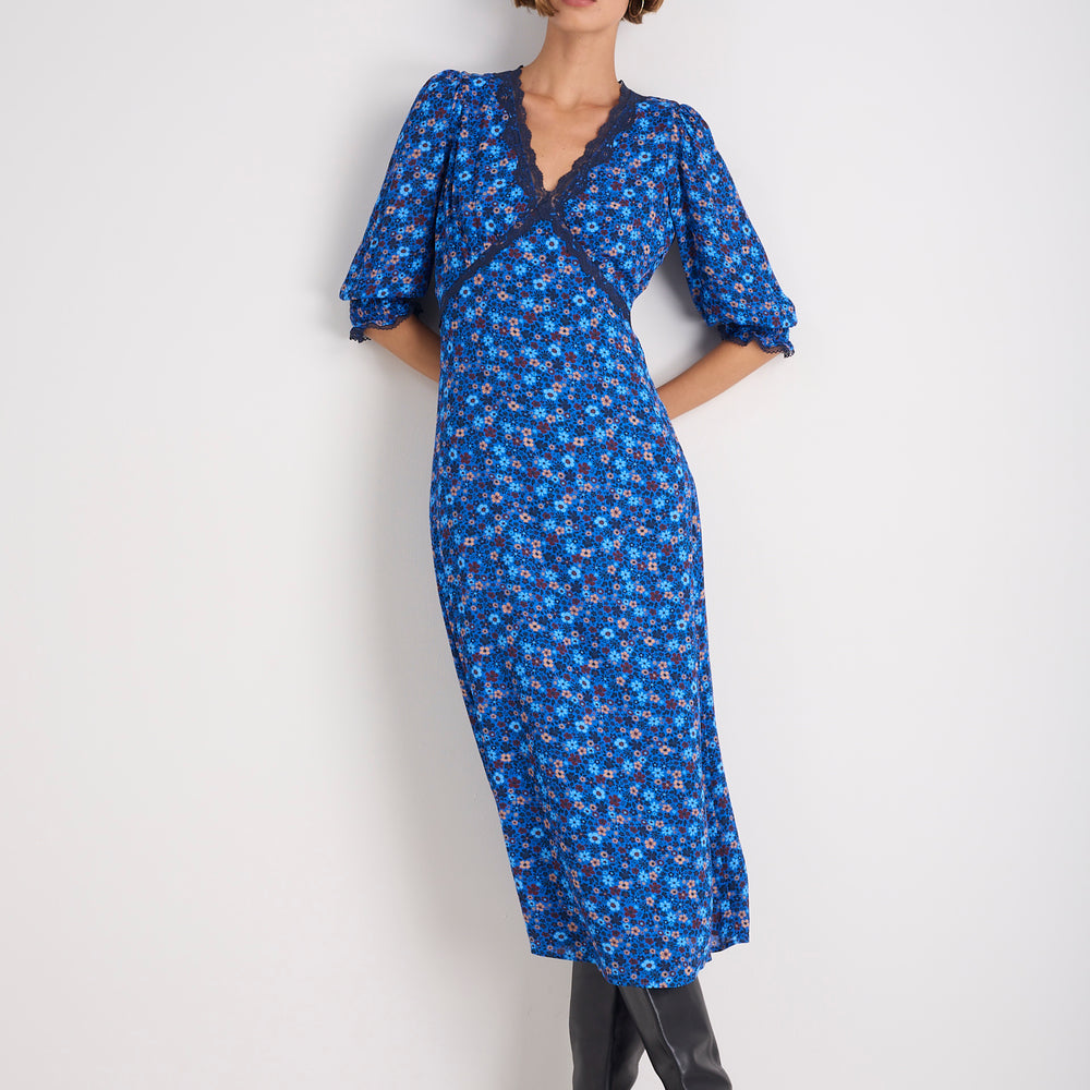 Elodie Dress - Cobalt Retro Ditsy