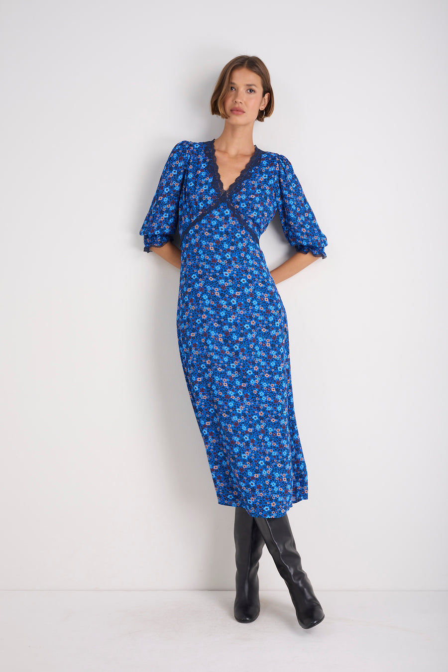 Elodie Dress - Cobalt Retro Ditsy