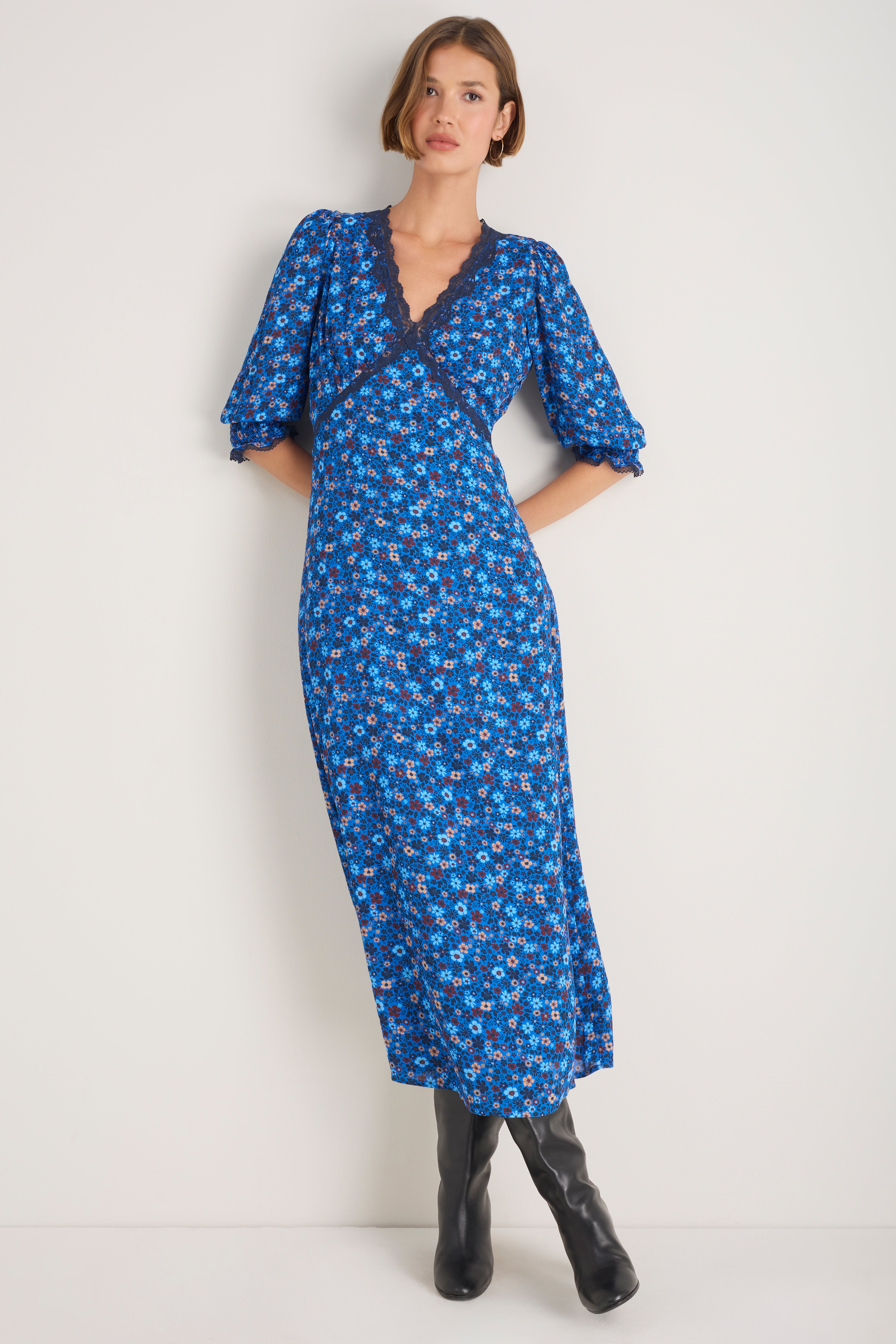 Elodie Dress - Cobalt Retro Ditsy