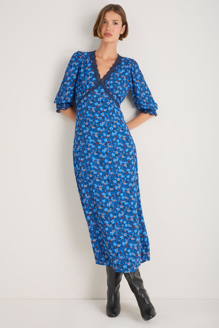 Elodie Dress - Cobalt Retro Ditsy