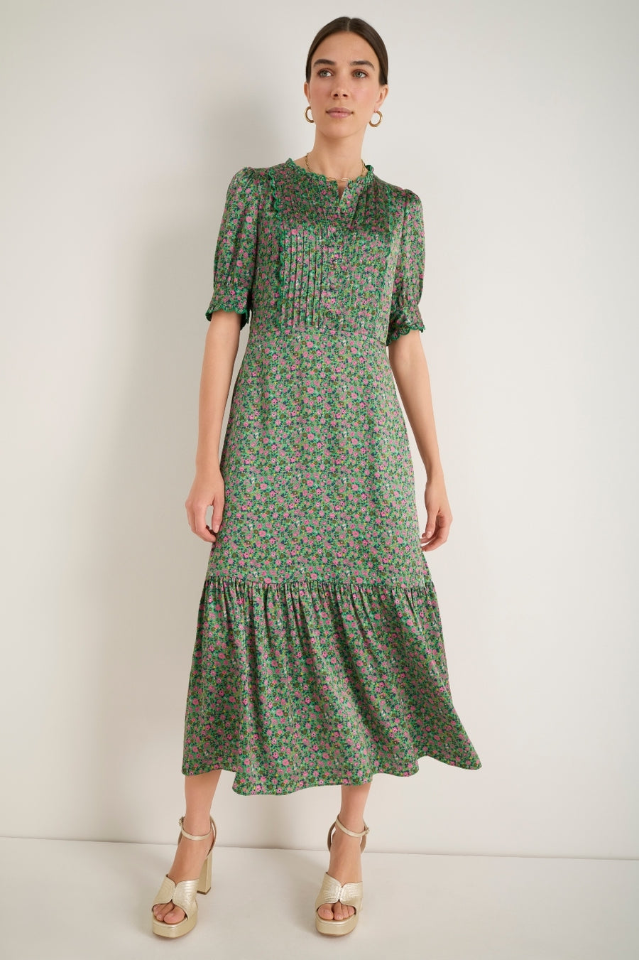 Finley Silk Dress - Jade Green Garden Floral