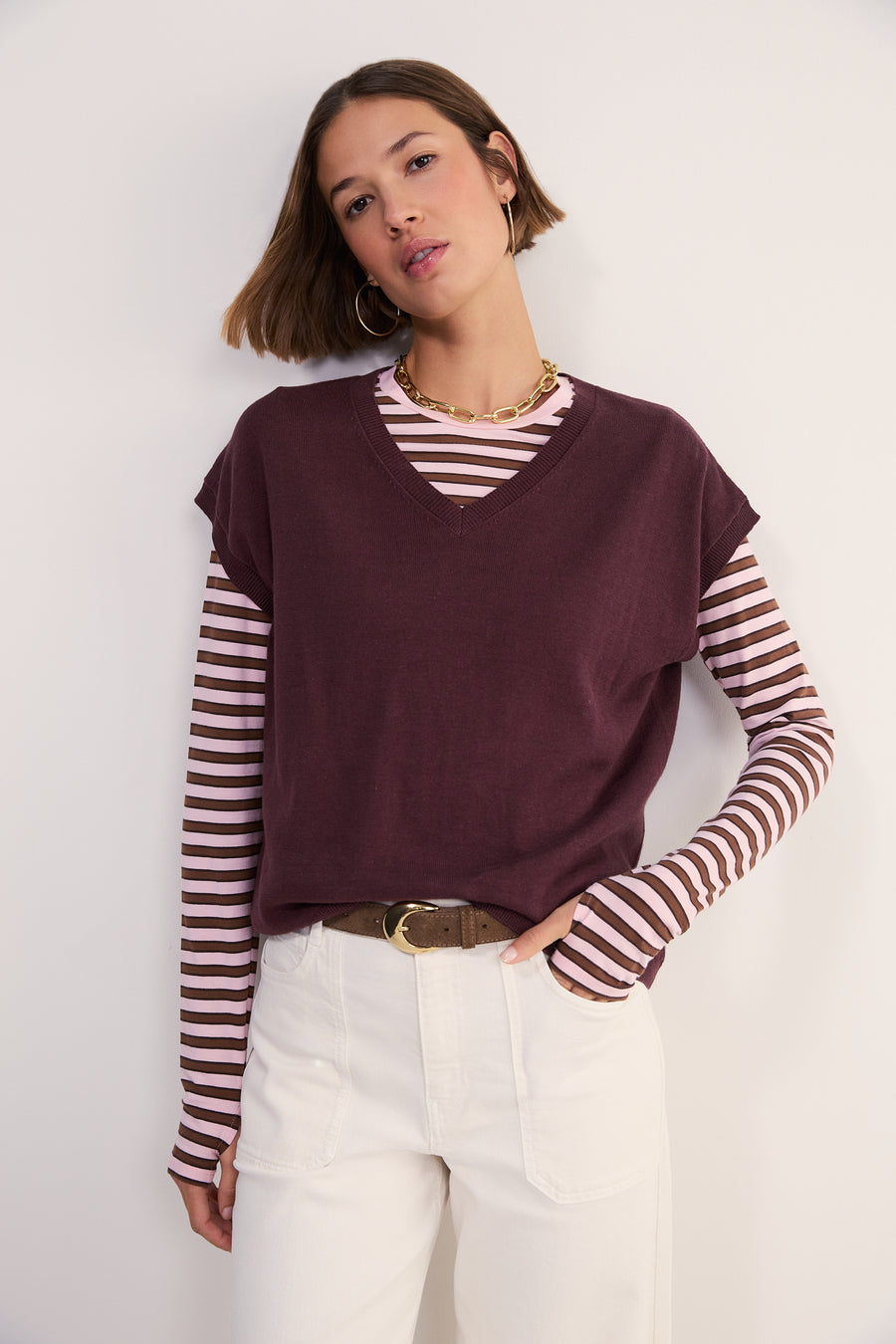 Fleur Linen Cotton V-Neck Tank - Raisin