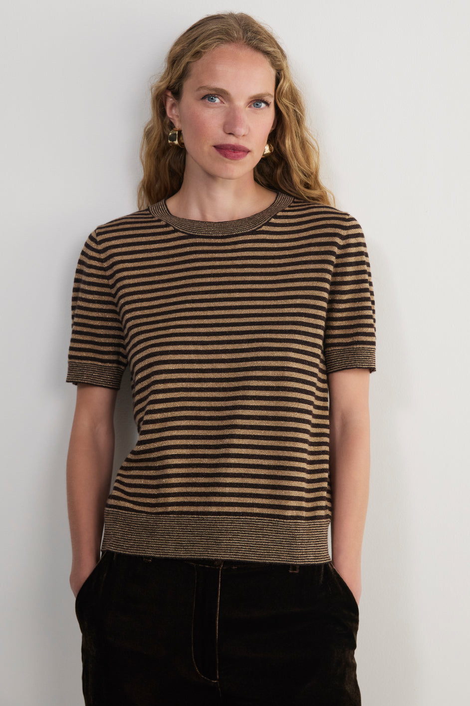 Fleur Short Sleeve Tee - Chocolate/Oat Metallic Stripe