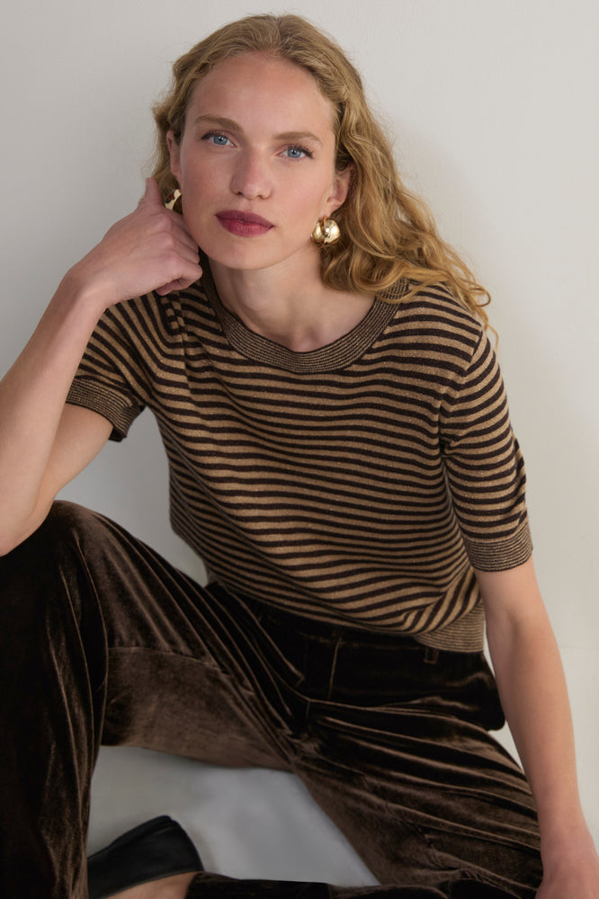 Fleur Short Sleeve Tee - Chocolate/Oat Metallic Stripe