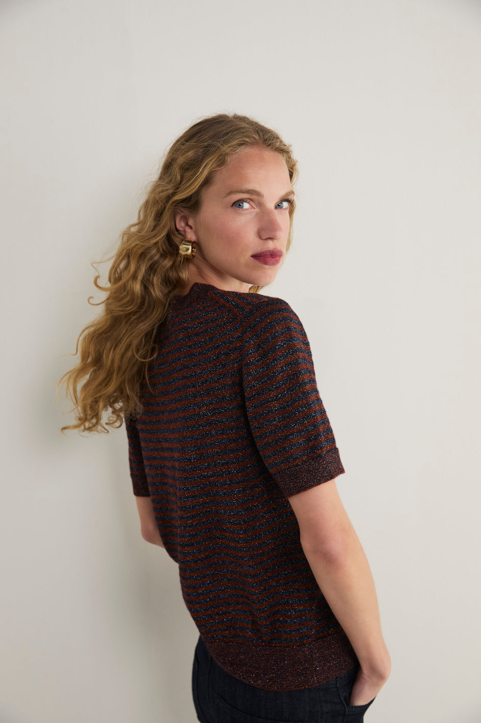 Fleur Short Sleeve Tee - Cognac/Midnight Metallic Stripe
