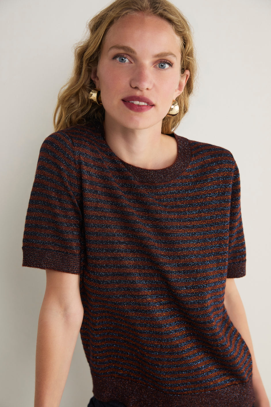 Fleur Short Sleeve Tee - Cognac/Midnight Metallic Stripe