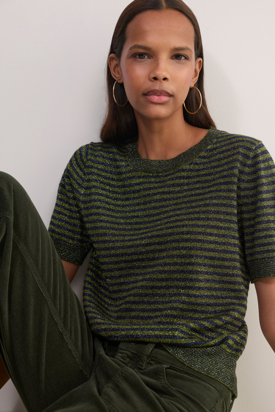 Fleur Short Sleeve Tee - Green/Midnight Metallic Stripe