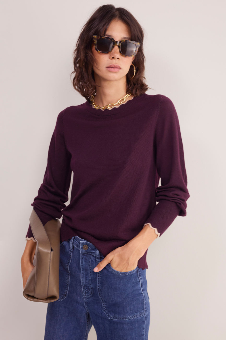 Fleurine Scallop Jumper - Aubergine/Oat Trim