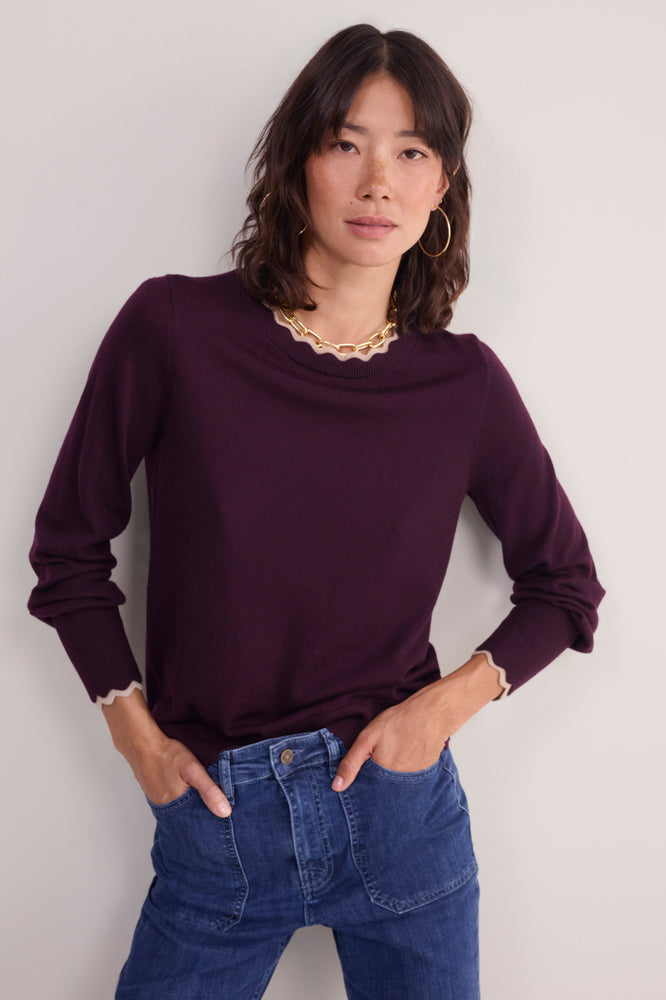 Fleurine Scallop Jumper - Aubergine/Oat Trim