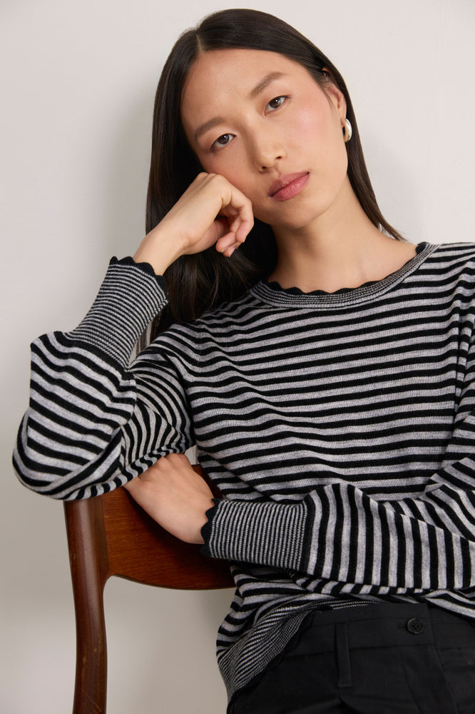 Fleurine Scallop Jumper - Black/Grey Micro Stripe