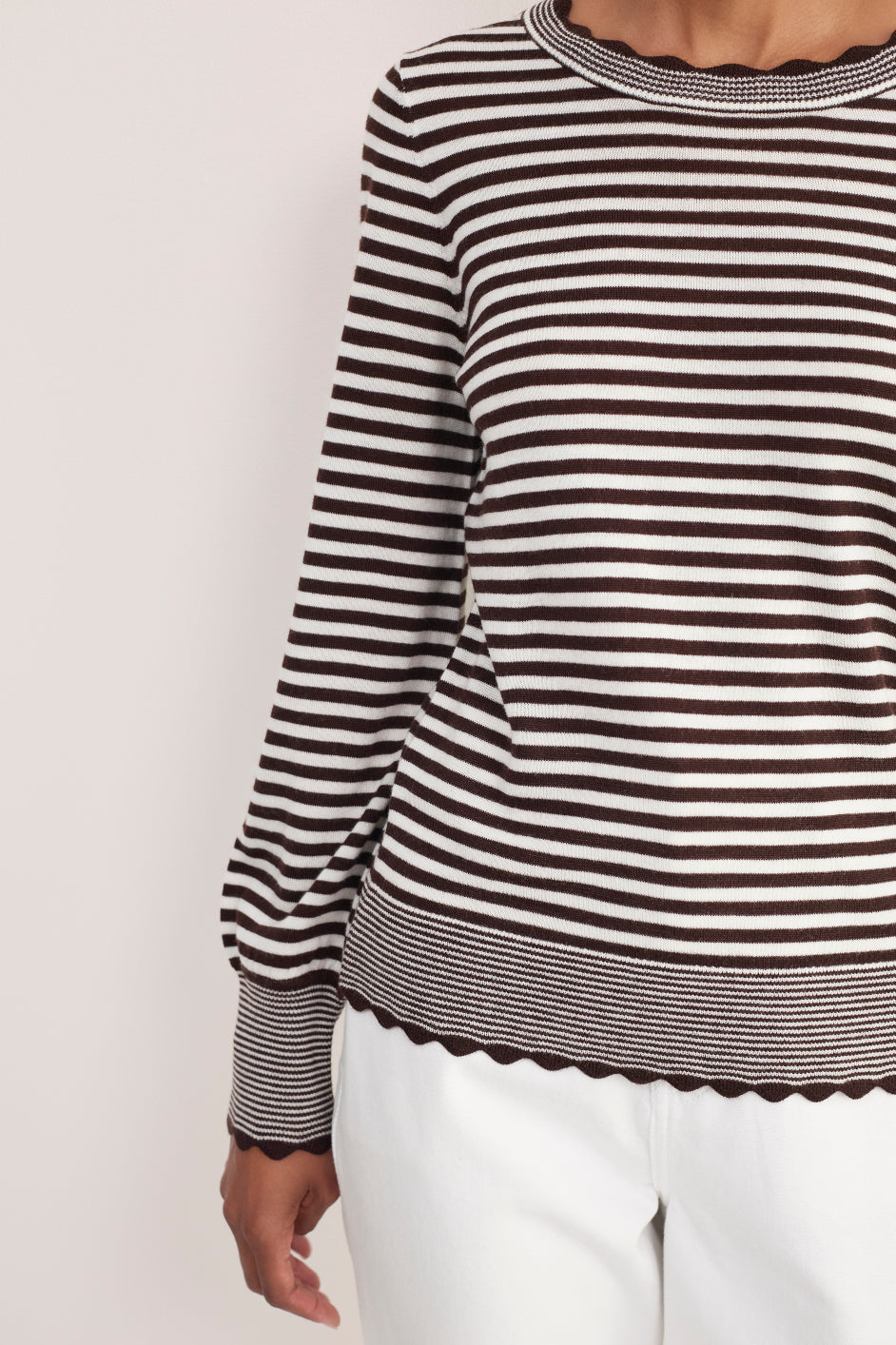 Fleurine Scallop Jumper - Chocolate/Ivory Micro Stripe