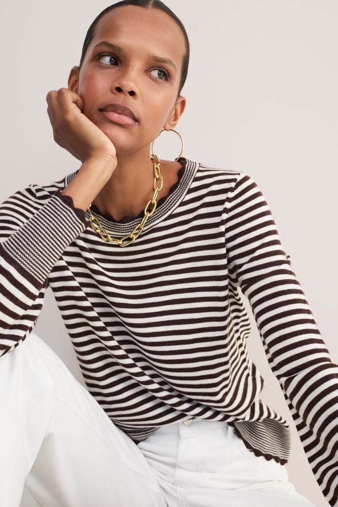 Fleurine Scallop Jumper - Chocolate/Ivory Micro Stripe