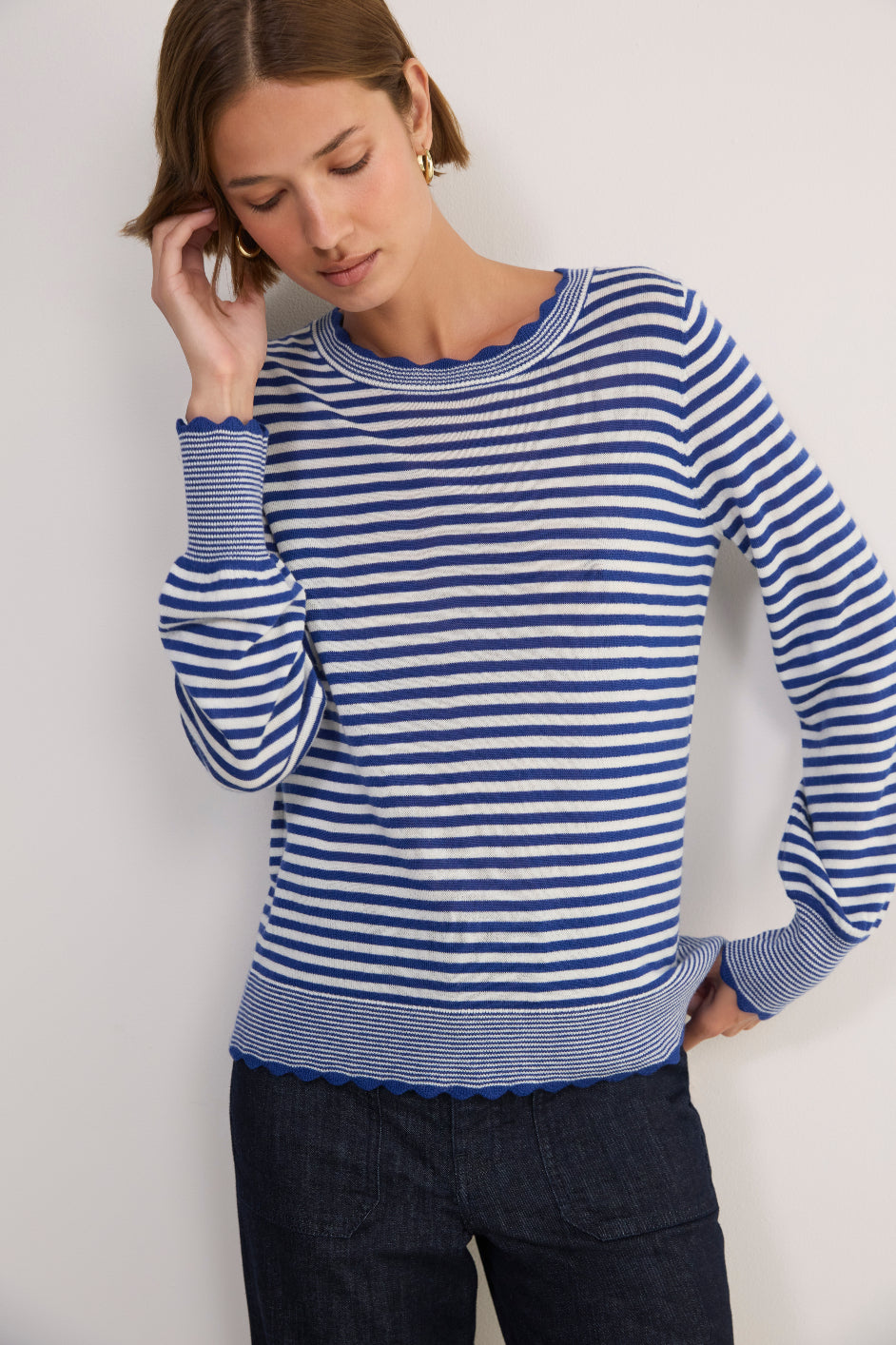 Fleurine Scallop Jumper - Midnight/Ivory Micro Stripe