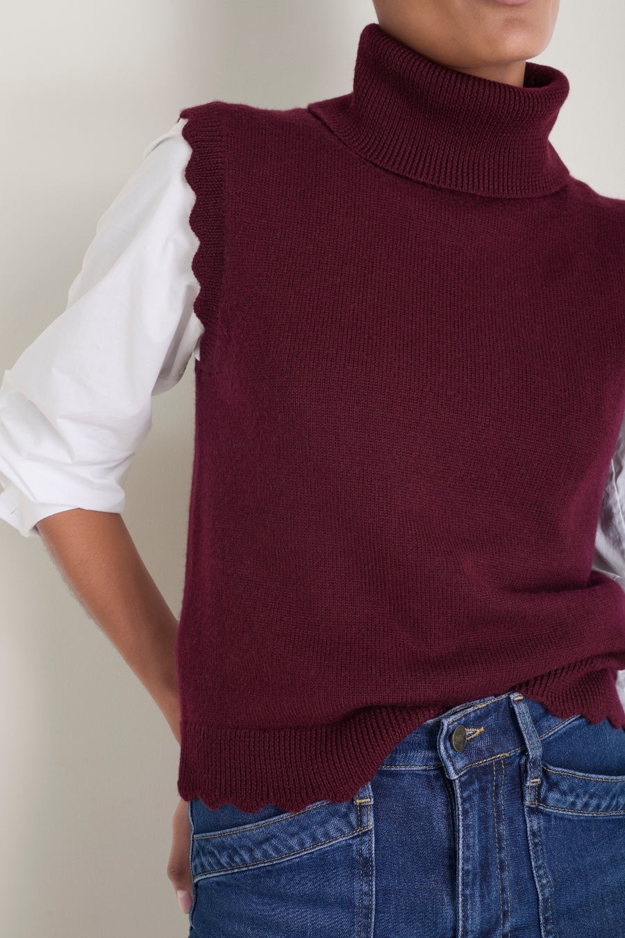 Fleurine Scallop Roll Neck Tank - Deep Fig