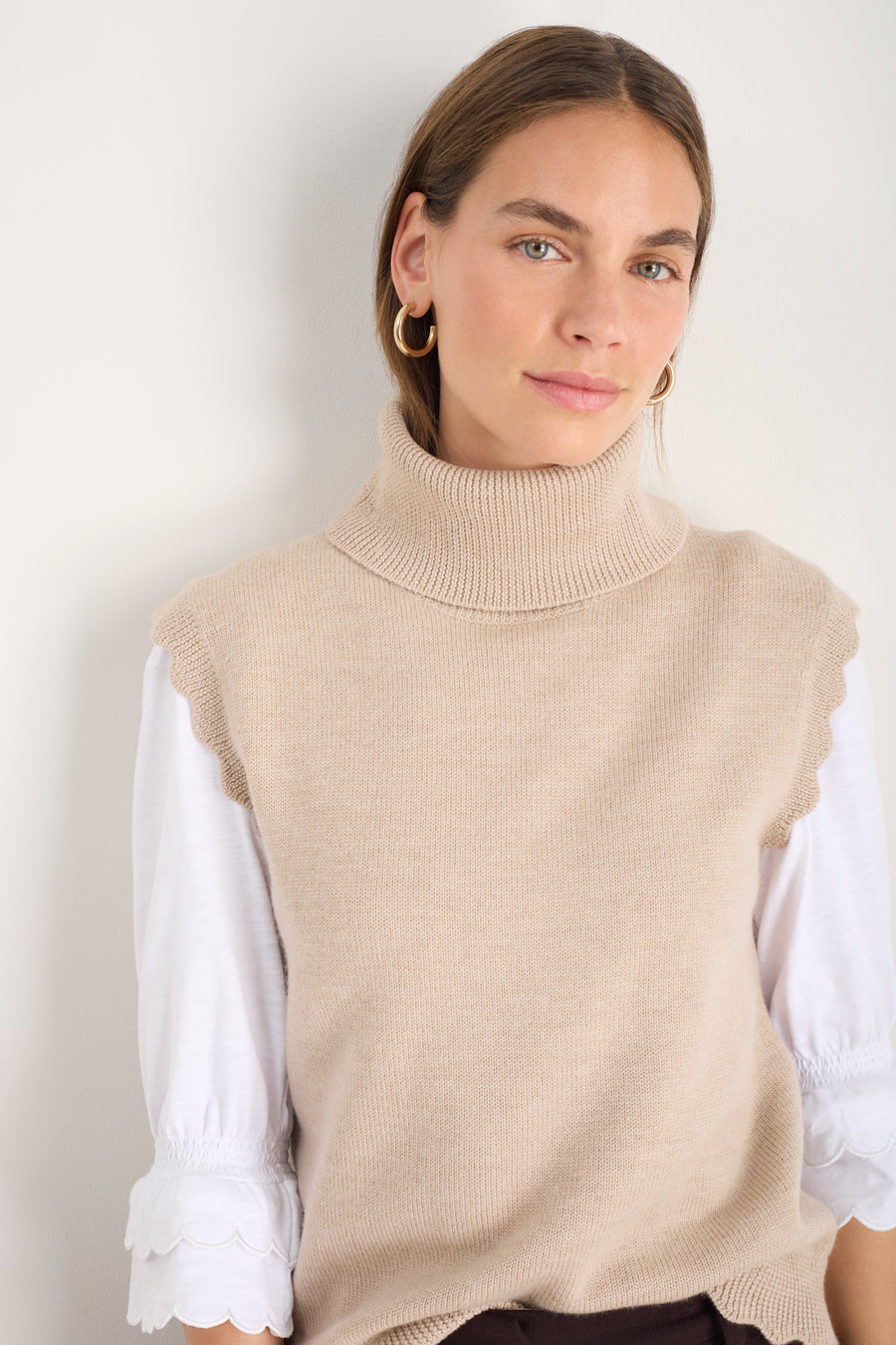 Fleurine Scallop Roll Neck Tank - Oat Marl