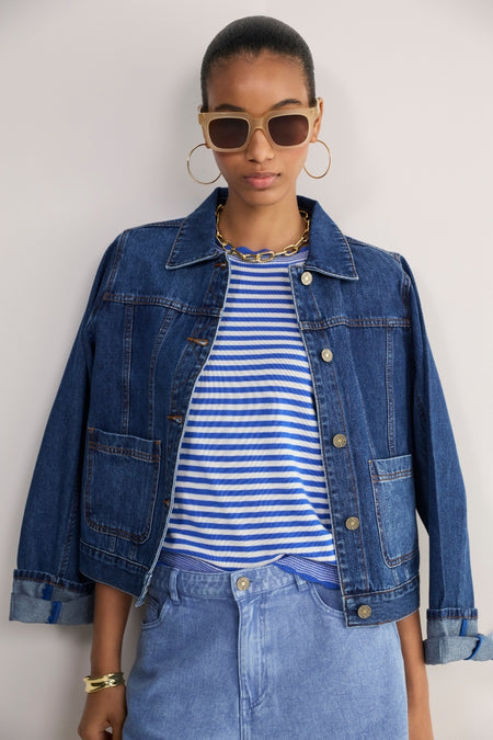 Fleurine Short Sleeve Tee - Chambray Blue/Ivory Micro Stripe