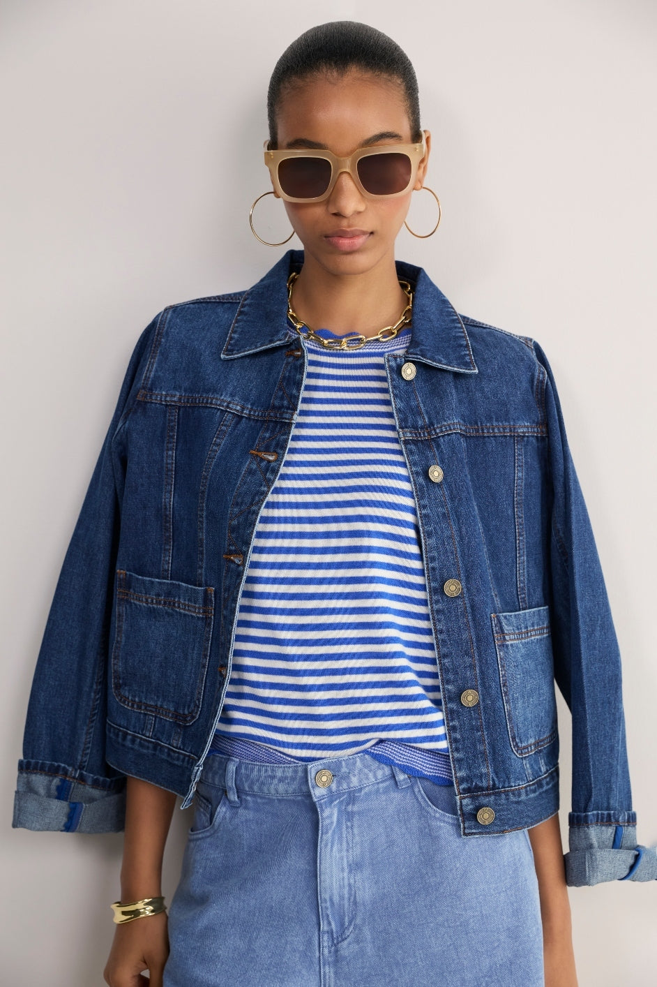 Fleurine Short Sleeve Tee - Chambray Blue/Ivory Micro Stripe